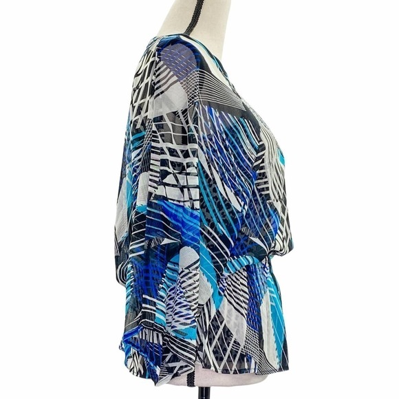 ALFANI Multi-Tone Blue Mixed Media Smocked Waist Poncho Kimono Blouse - Picture 4 of 10